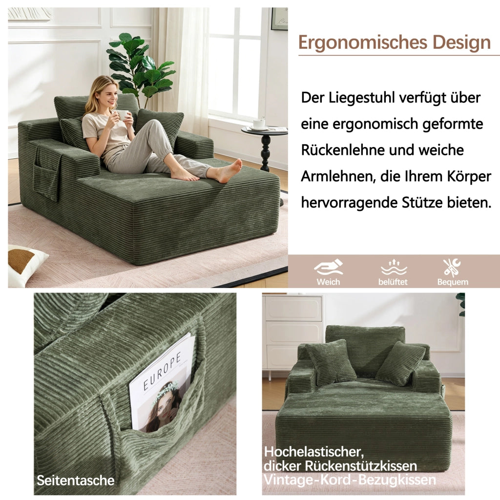Divano comodo in velluto a coste con tasche laterali e cuscini, struttura stabile, per soggiorno e relax, verde