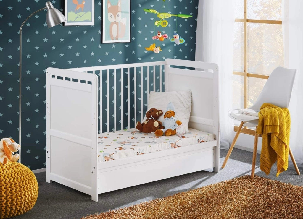 Letto culla con cassetto che si traforma in letto singolo in legno di pino