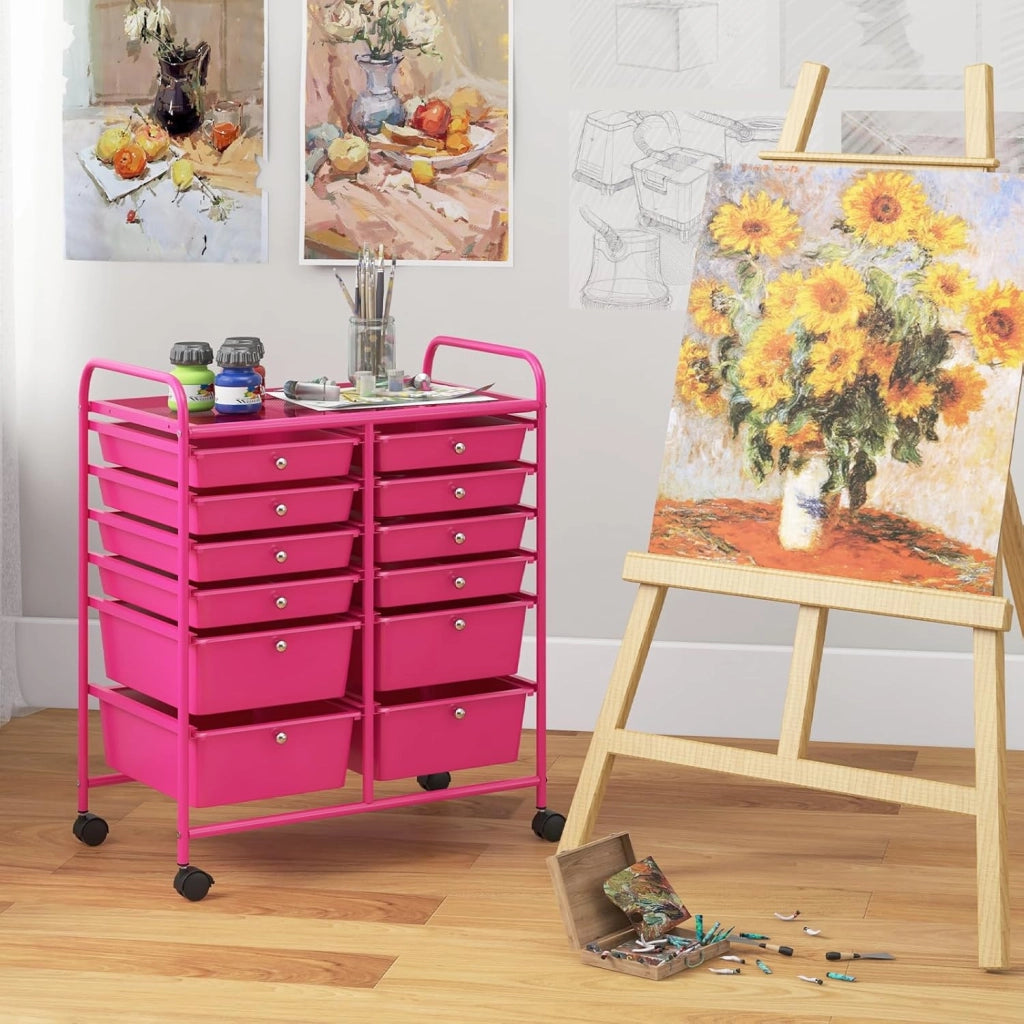 Carrello con 12 cassetti, impilabile, carrello per cassetti, carrello da cucina, con ruote bloccabili, carrello per cucina, bagno, ufficio, 64 x 38 x 75 cm (rosa)