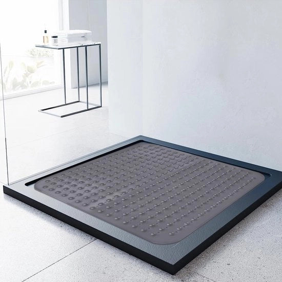 Douchemat antiscivolo, 80 x 80 cm, mat per doccia o vasca con pinze per fissaggio, grande panno quadrato per doccia (trasparente grigio, 80 x 80 cm)