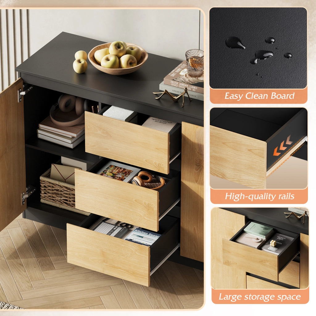 Cassettiera con 3 Cassetti e Armadio con Ante ¨C Zephmum ¨C Nero Rovere