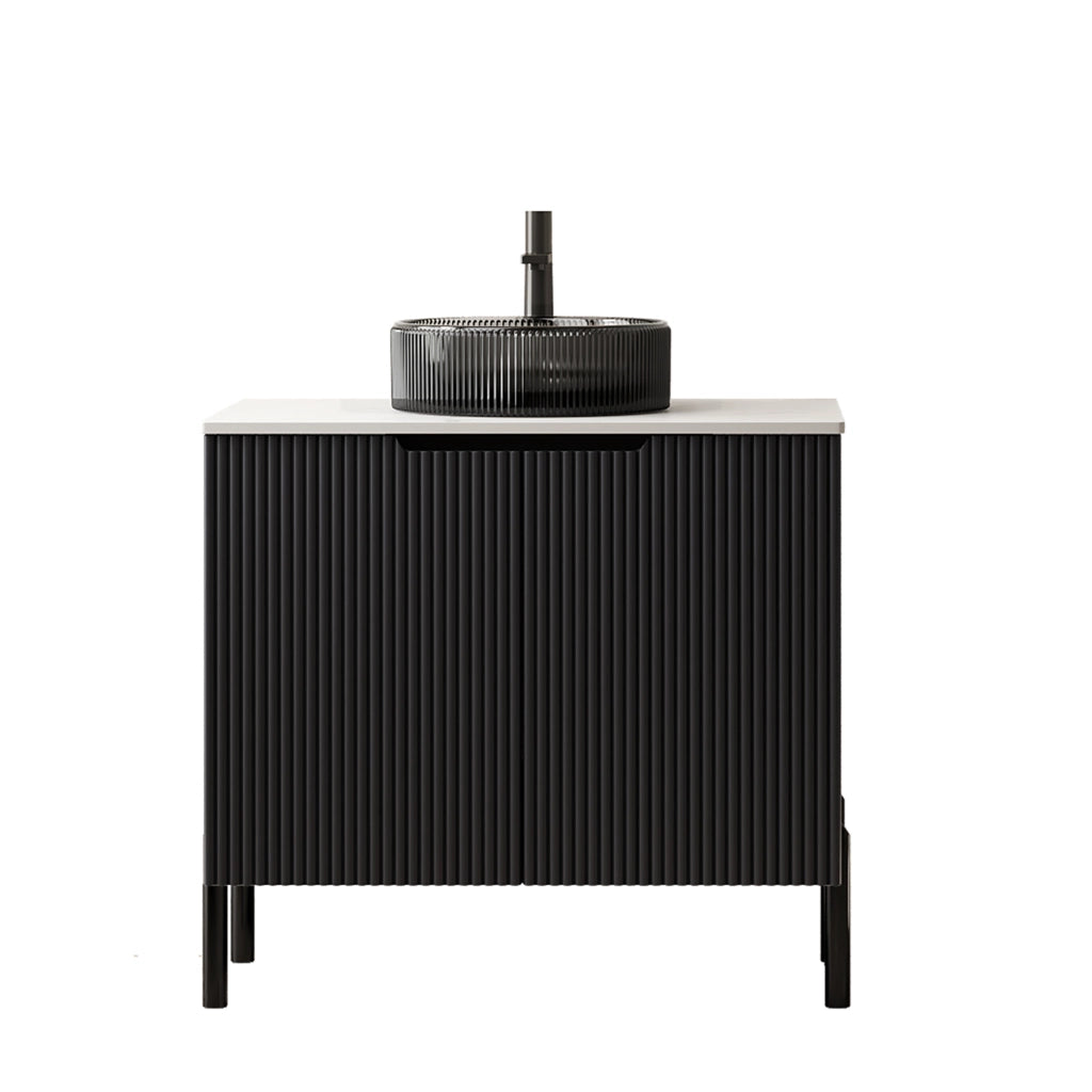 Mobile sottolavabo con lavabo rotondo in vetro nero, piano in pietra sinterizzata, 2 ante, per bagno, 76 × 48 × 87 cm