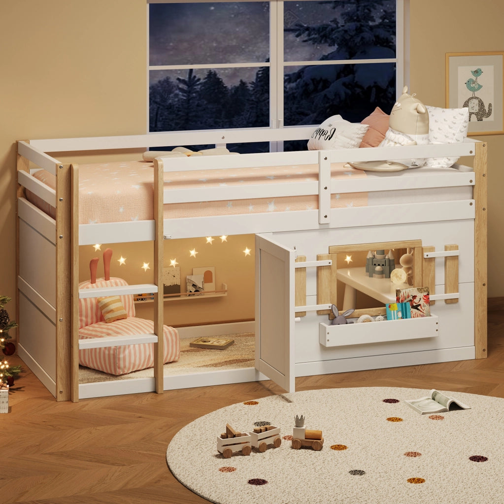 Letto a soppalco 90x200 cm bianco con area inferiore