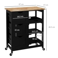 Carrello da Cucina con Ruote con 3 Cassetti, 2 Ripiani Aperti e Vassoio Estraibile 67x37x85,5 cm Nero