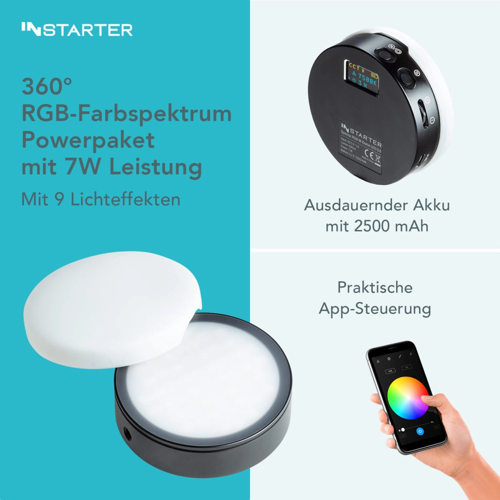 Instarter Mini LED RGB con testa a sfera, Luce per smartphone, fotocamera, fotografia, videochiamate, streaming, Batteria da 2500mAh