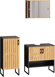 Set di mobili da bagno Vayra, Bambù, 60 cm, composto da mobile sottolavabo, specchiera e mobile medio