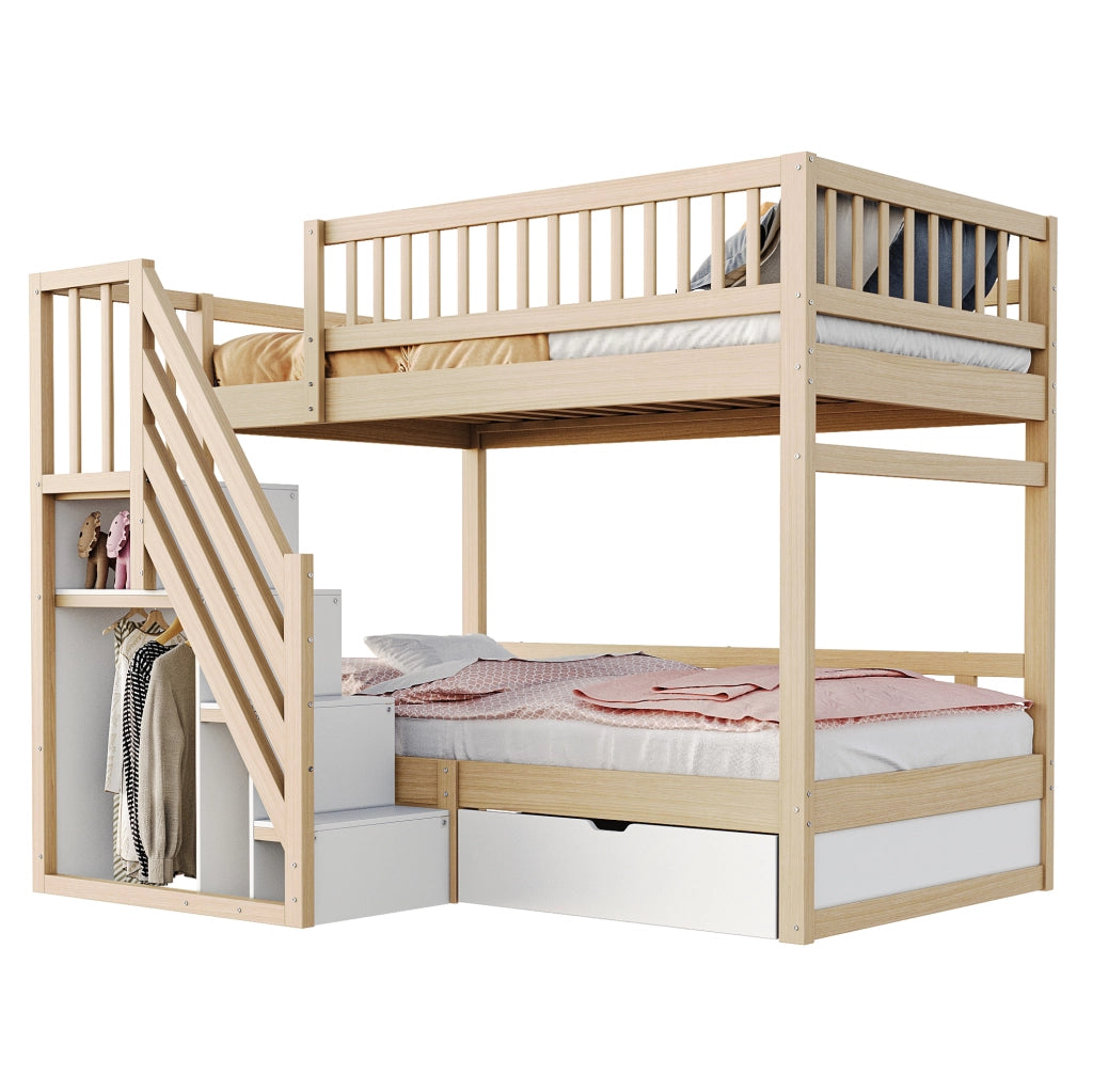 Letto a castello 90x200 cm con scale portaoggetti; cassetti; in legno bianco e colore naturale