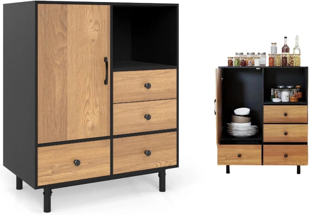 Credenza da Cucina con Ante e Cassetti, Mobile Cucina Dispensa con Gambe in Metallo, Mobile Buffet per Soggiorno, Sala da Pranzo, Corridoio, 80 x 45,5 x 97,5 cm (Nero)