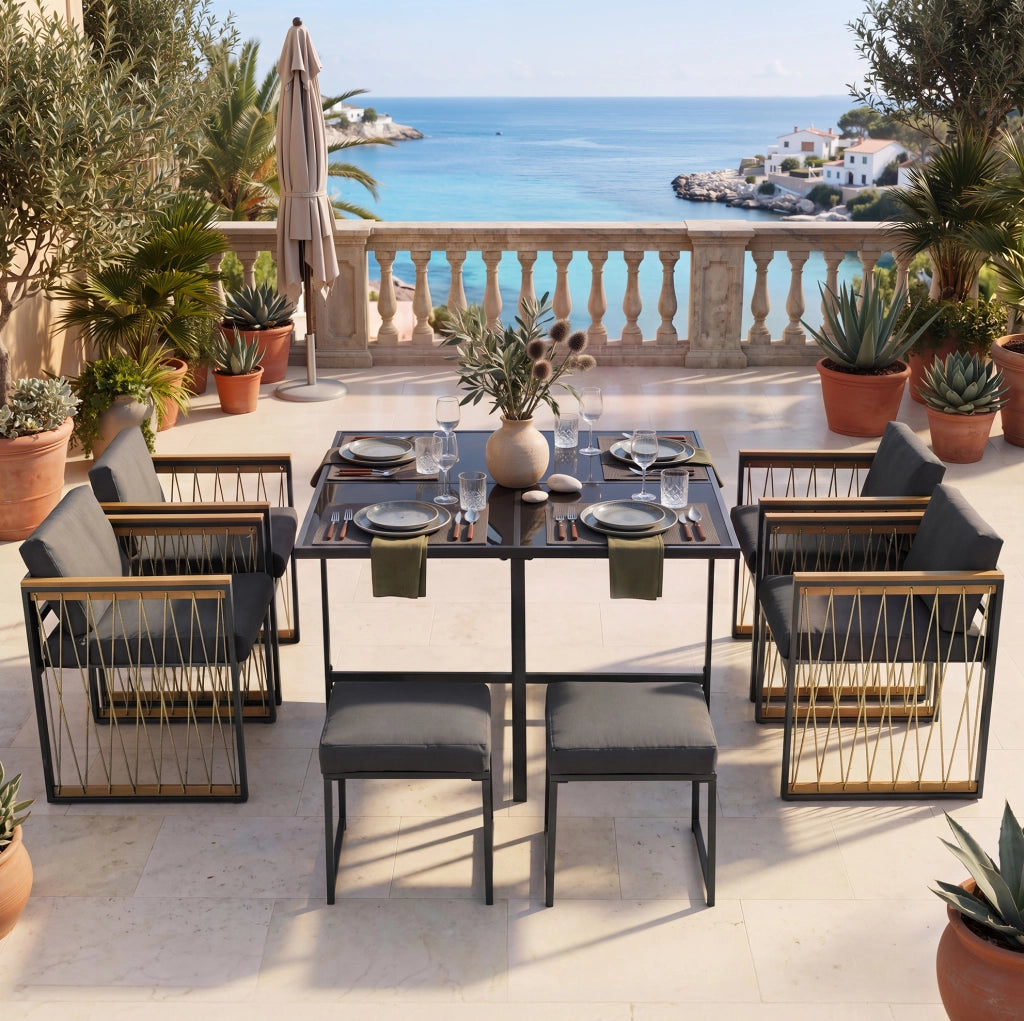Set da giardino da pranzo 7 pezzi per 6 persone con tavolo in vetro temperato e cuscini; nero e naturale