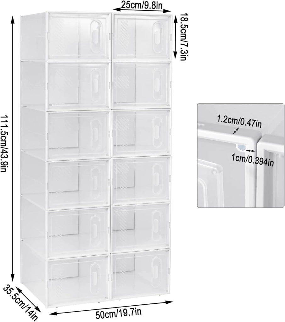 Set di 12 Scatole per Scarpe Contenitore Portascarpe Scarpiera Organizzatore Portaoggetti Impilabile Salvaspazio Coperchio Magnetico Plastica Trasparente Bianco 35x25x19cm