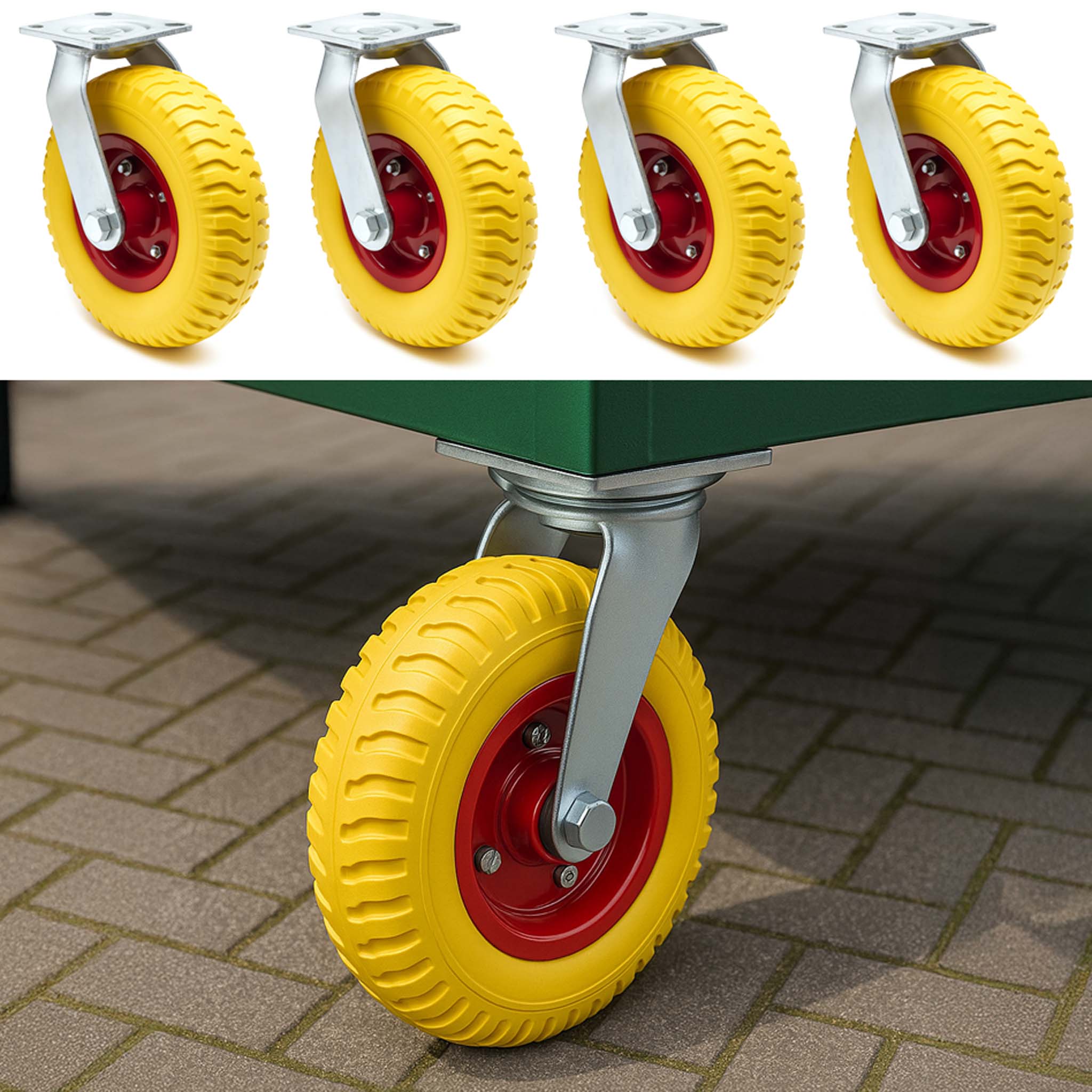 Set 4 ruote girevoli da trasporto, antiforatura, 220x58 mm, 100 kg/ruota, con piastra di montaggio