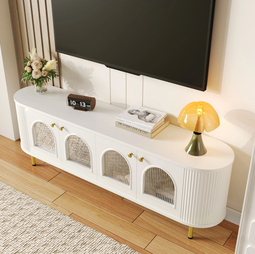 Mobile TV 170x35x55 cm; ante in vetro e passacavi; MDF bianco oro