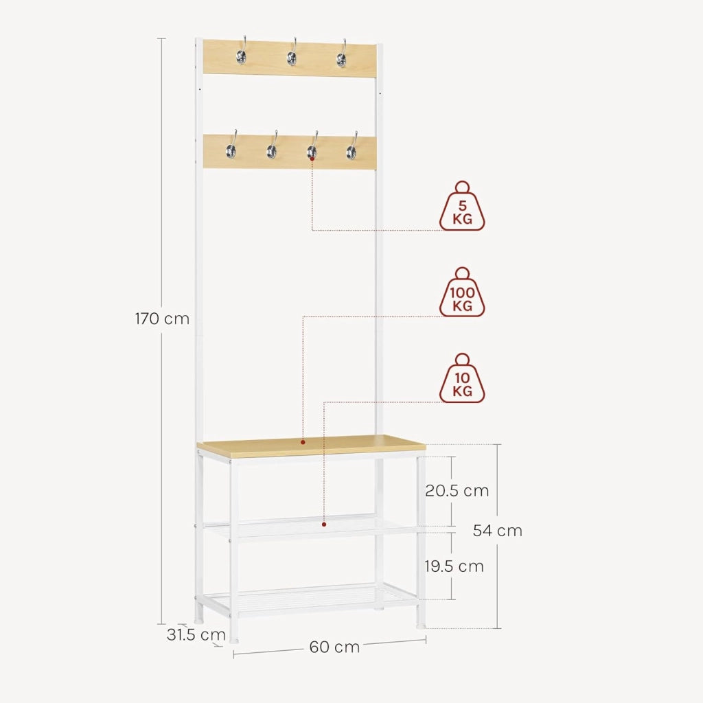 Appendiabiti Panca Porta Scarpe 3 in 1, Scaffale per Scarpe a 2 Livelli con Sedile e 7 Ganci, per Corridoio/Ingresso, Metallo + Legno Ingegnerizzato, Bianco + Rovere Chiaro, 60x31,5x170cm