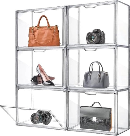 Organizzatore per borse da mano per armadio, cassetta trasparente in acciaio inossidabile sovrapposta con porta magnetica, contenitori di plastica per vetrina per portafoglio e raccolta calzature da collezione