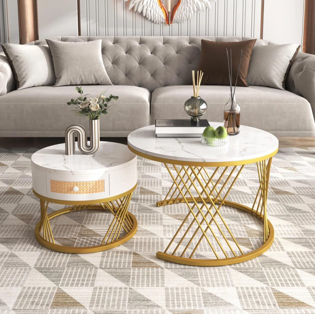 Set di 2 tavolini da salotto rotondi 70/50 cm in MDF bianco con dettagli oro