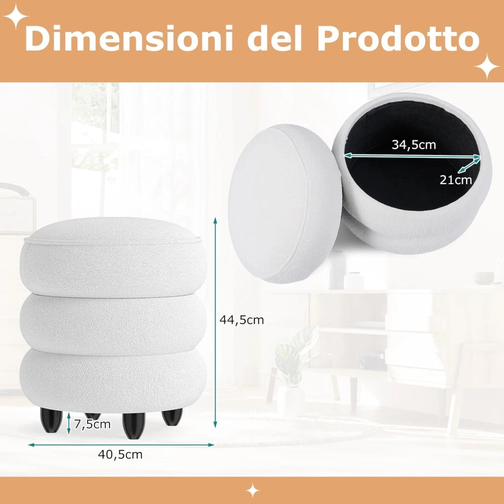 Pouf Contenitore Rotondo 20 L, Ottomano con Coperchio Rimovibile, Sgabello da Trucco con Gambe in Legno di Gomma, Portata 150 kg, per Camera da Letto e Salotto