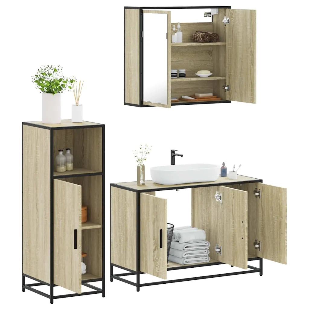 Set Mobili da Bagno 3 pz Rovere Sonoma in Legno Multistrato