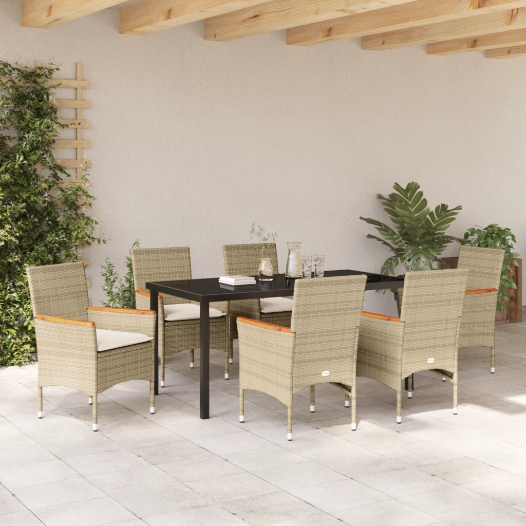 Set Pranzo Giardino  con Cuscini Rattan Polietilene Beige 7 Pezzi