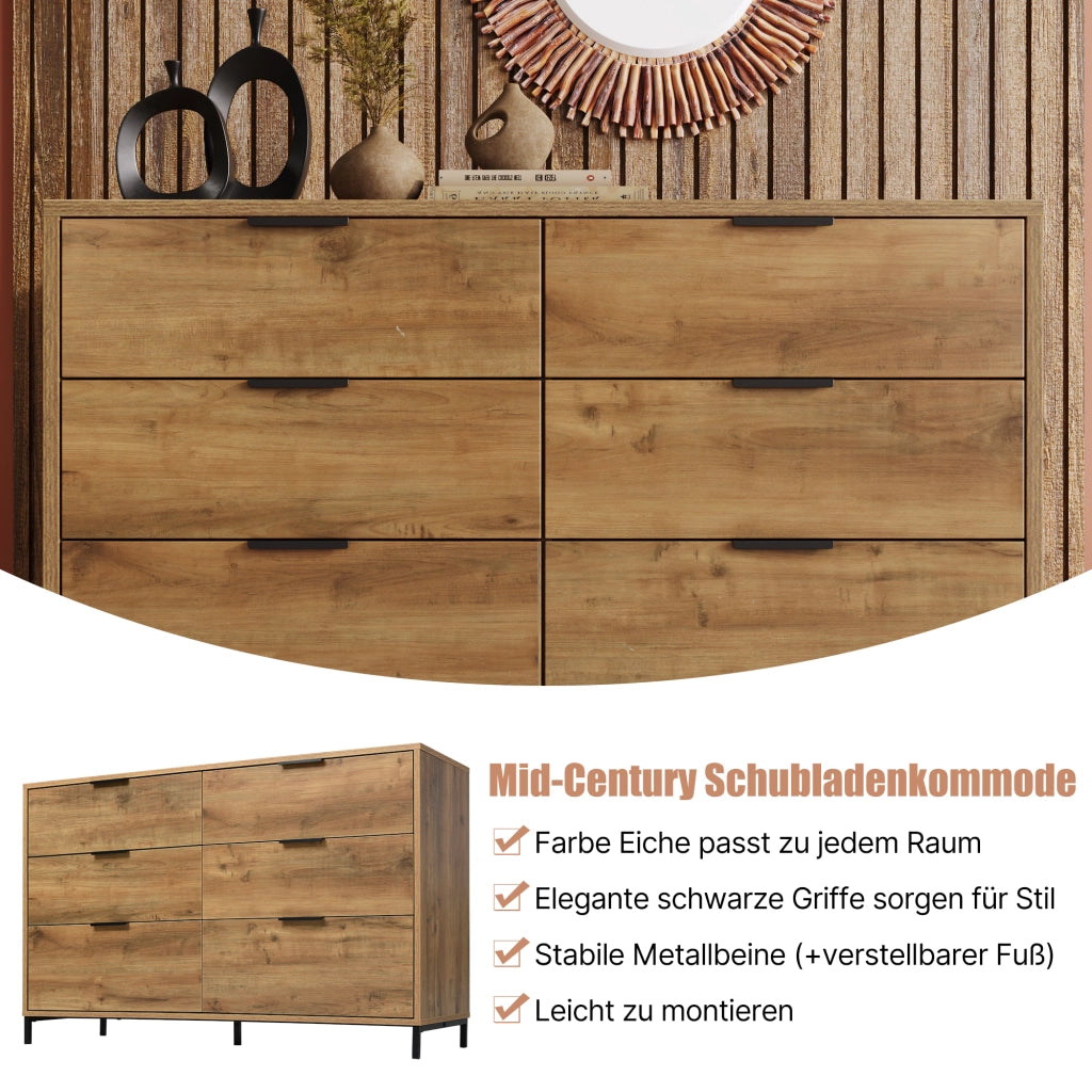 Cassettiera con 6 Cassetti; Struttura in Metallo; Stile Industriale; per Camera; in Pannello Truciolare; Rovere Scuro; 120??40??76 cm