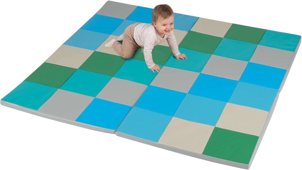Tappeto Gioco Pieghevole, 144 x 144 cm, Tappetino da Ginnastica con Pelle Impermeabile, Tappeto da Pavimento per Cameretta (Blu+Verde)