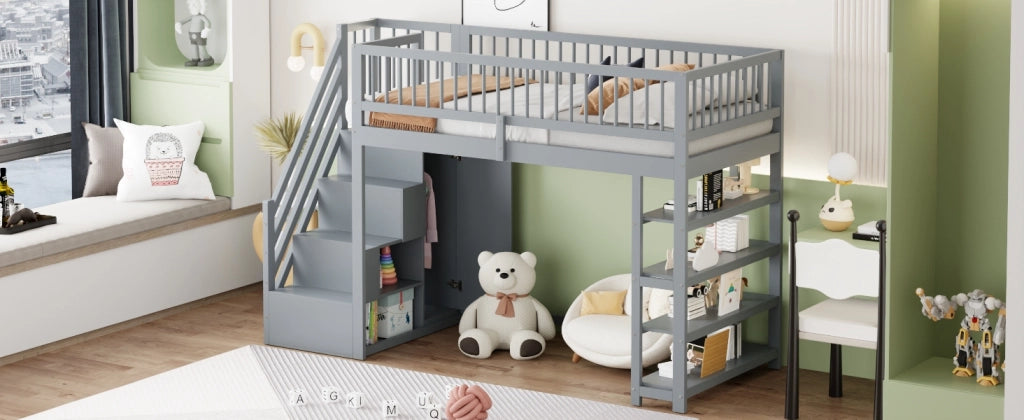 DESMIU Letto a soppalco Letto singolo 1 posto con armadio, vani e scala di sicurezza 90 × 200 cm senza materasso