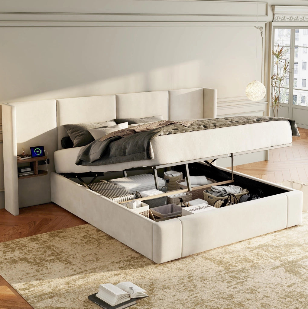 Letto contenitore 160x200 cm in velluto beige con 2 comodini; USB-A/USB-C e prese