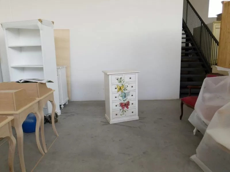 Cassettiera 6 cassetti in legno shabby bianco anticato decori farfalla 62x37x93 - Mobili 2G