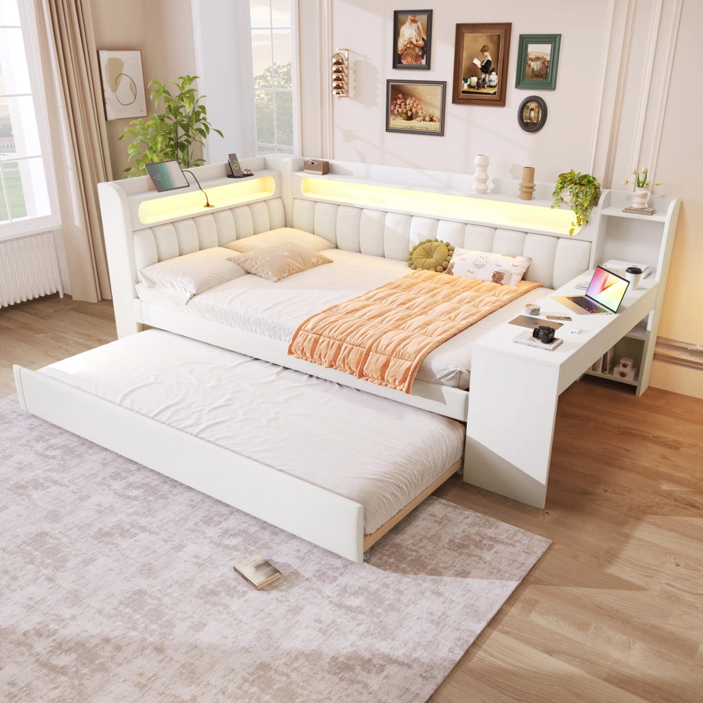 Letto da giorno imbottito 140x200 cm con LED, USB e scrivania