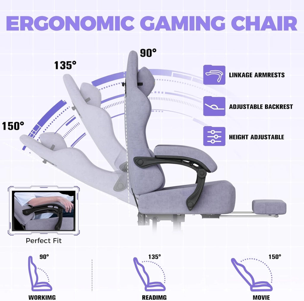 Sedia da gioco, traspirante, sedia da ufficio, ergonomica, in tessuto di alta qualità, ergonomica, schienale regolabile a 160° e poggiapiedi estraibile, carico 180 kg,colore: viola macaron
