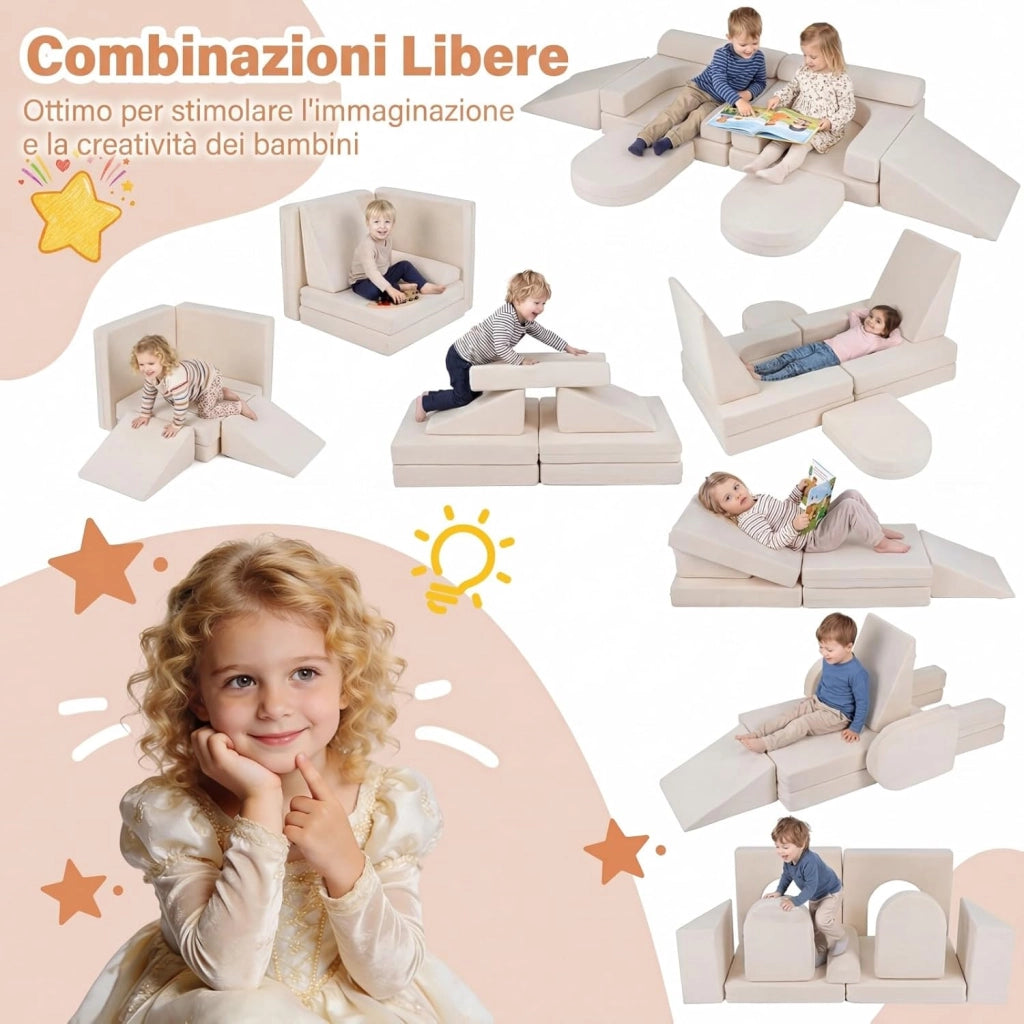 Divano da Gioco per Bambini Trasformabile, Poltrona Modulare a 10 Pezzi, Tessuto Suede e Schiuma ad Alta Elasticità, Divanetto per Bambini 3+ Anni, per Camerette, Soggiorno e Studio (Beige)