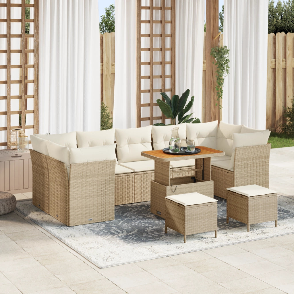Set Divano da Giardino 10 Pezzi con Cuscini Beige Polirattan Acacia