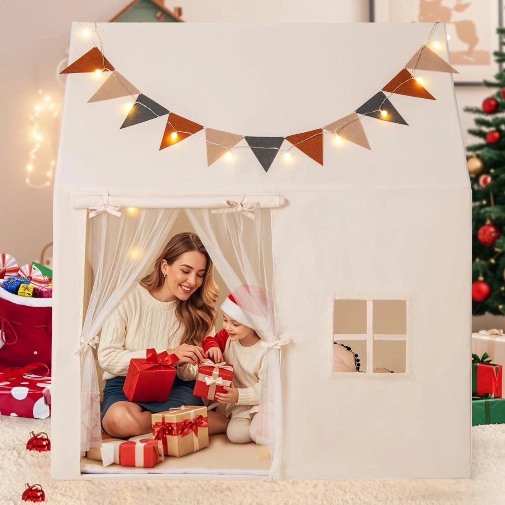 Tenda per Bambini con Luci Fatate e Bandierine, Tenda Casetta da Gioco con Porta e 2 Finestre, Tenda Gioco con Tappetino Imbottito, per Interno ed Esterno, 123 x 107 x 137 cm, Beige