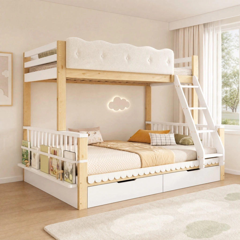 LETTO A CASTELLO 90x200/140x200 cm con cassetti e portariviste Bianco e Rovere