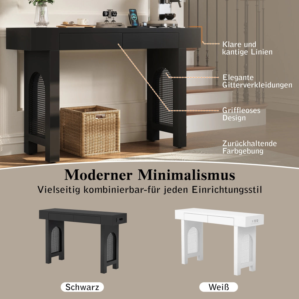 Consolle con 2 cassetti e ciabatta integrata per ingresso e soggiorno in MDF nero 120 × 35,5 × 76,5 cm