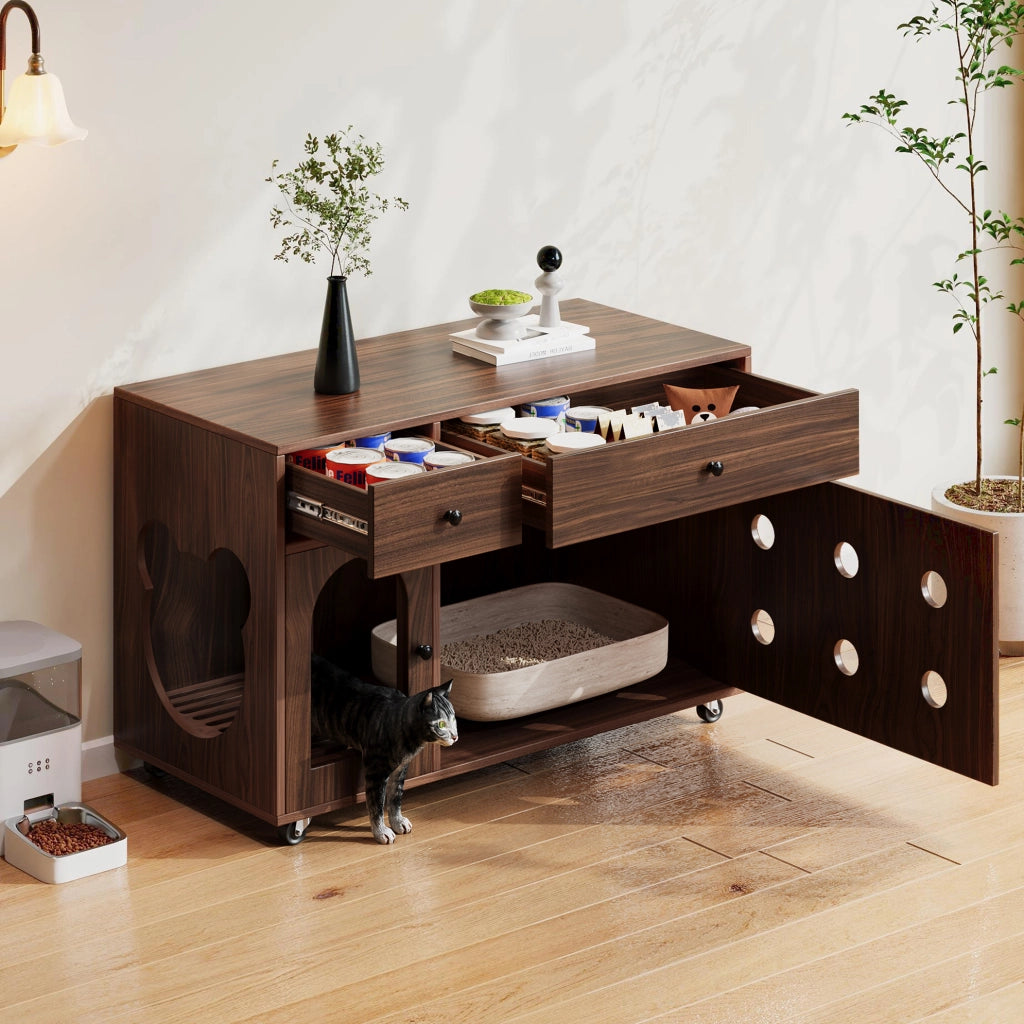 Mobile Coprilettiera in Legno 100 x 45 x 66 cm con Ruote e Cassetti Colore Noce - Ideale come regalo per Halloween e Natale