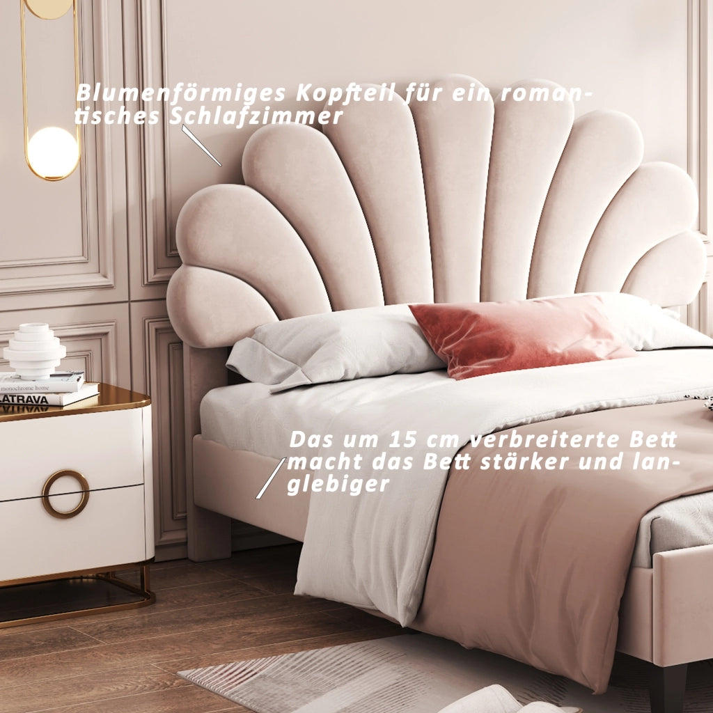 Letto imbottito in velluto con testiera a fiore e doghe; beige; 140x200 cm; senza materasso