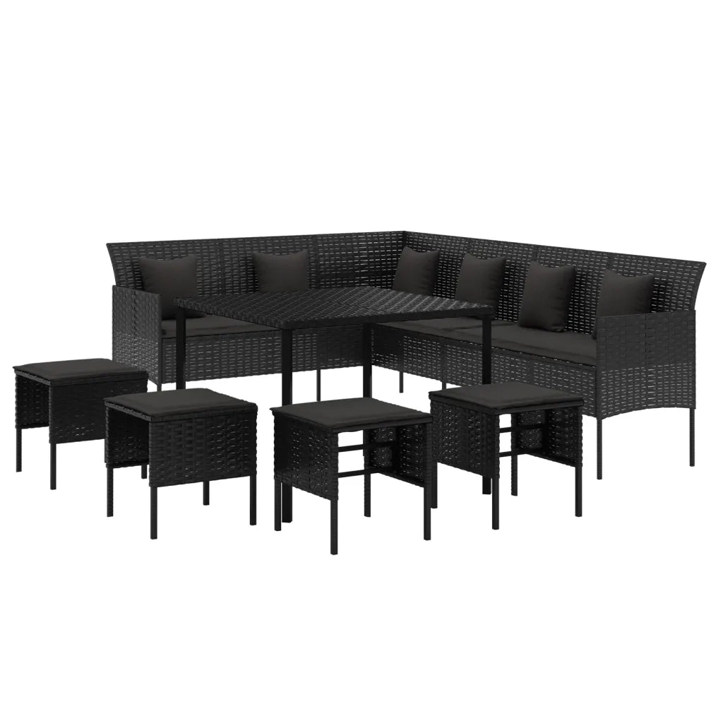 Set da Pranzo da Giardino 6 pz con Cuscini Nero in Polyrattan