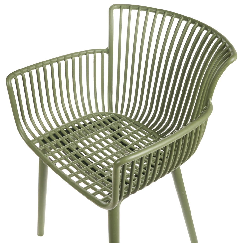 Set di 4 sedie da pranzo in plastica verde per interni ed esterni da giardino con braccioli in stile minimalista