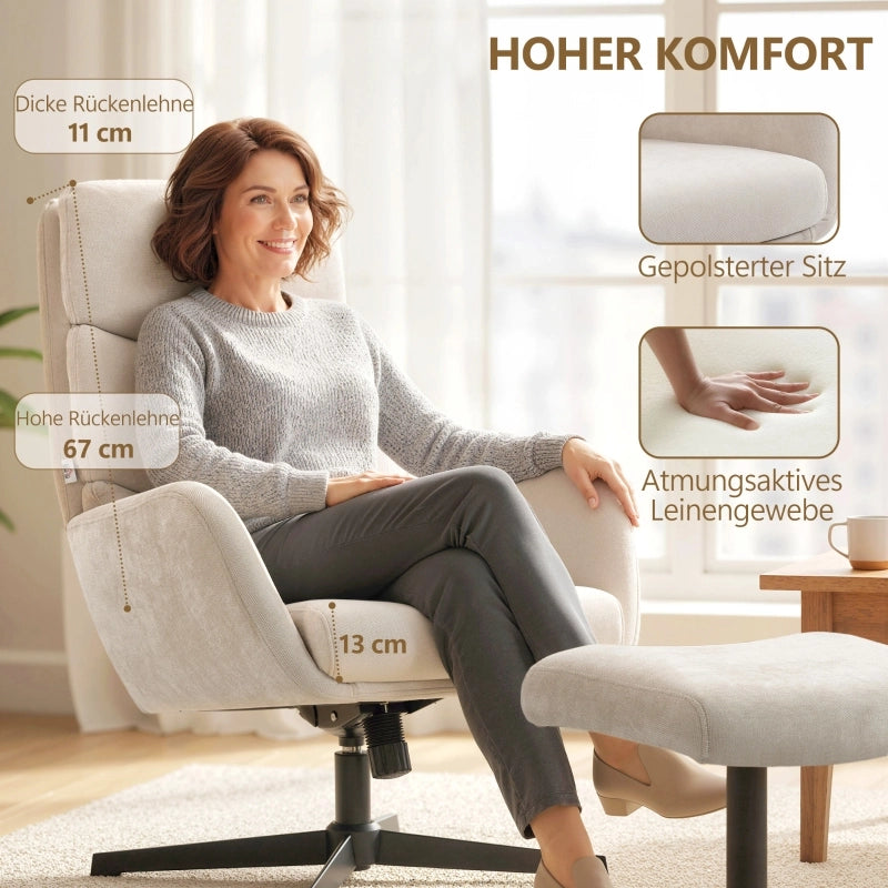 POLTRONA con poggiapiedi, schienale alto, base in metallo, beige