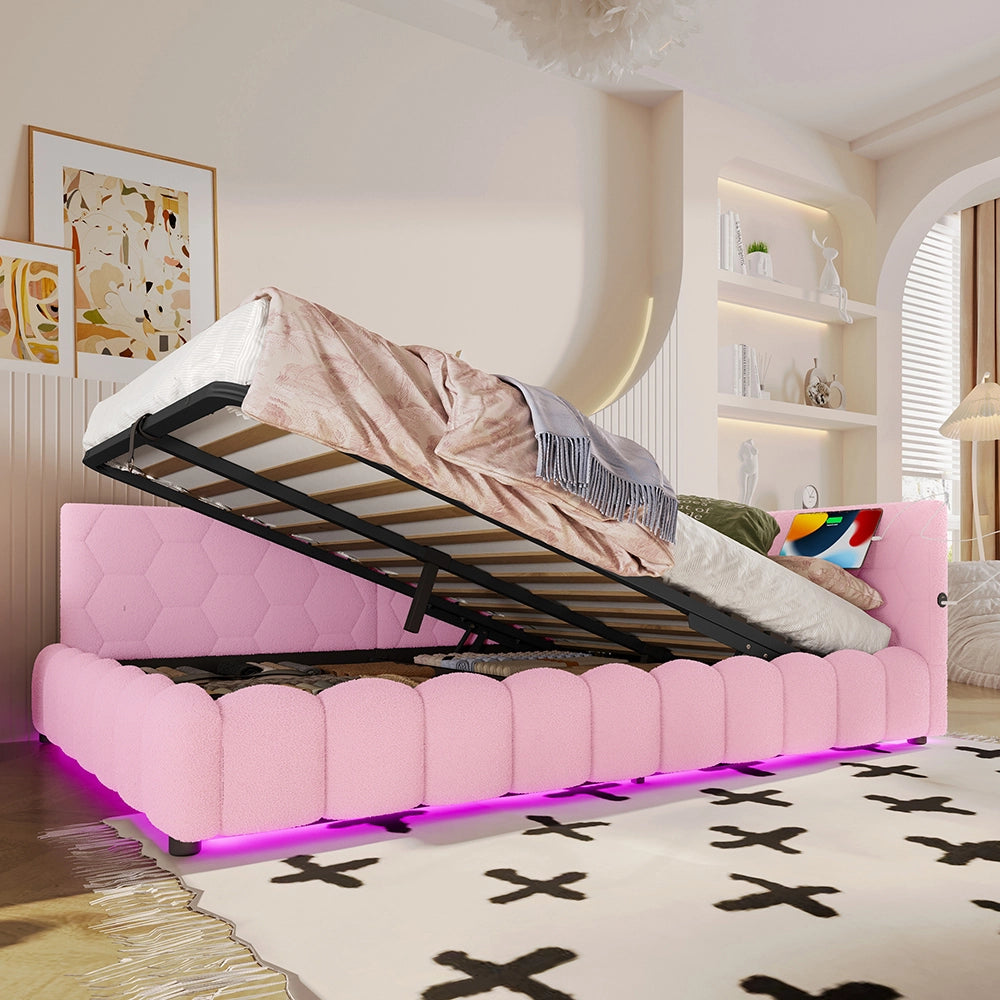 Letto giorno 140x200cm - Xylo - rosa, meccanismo idraulico, USB-C