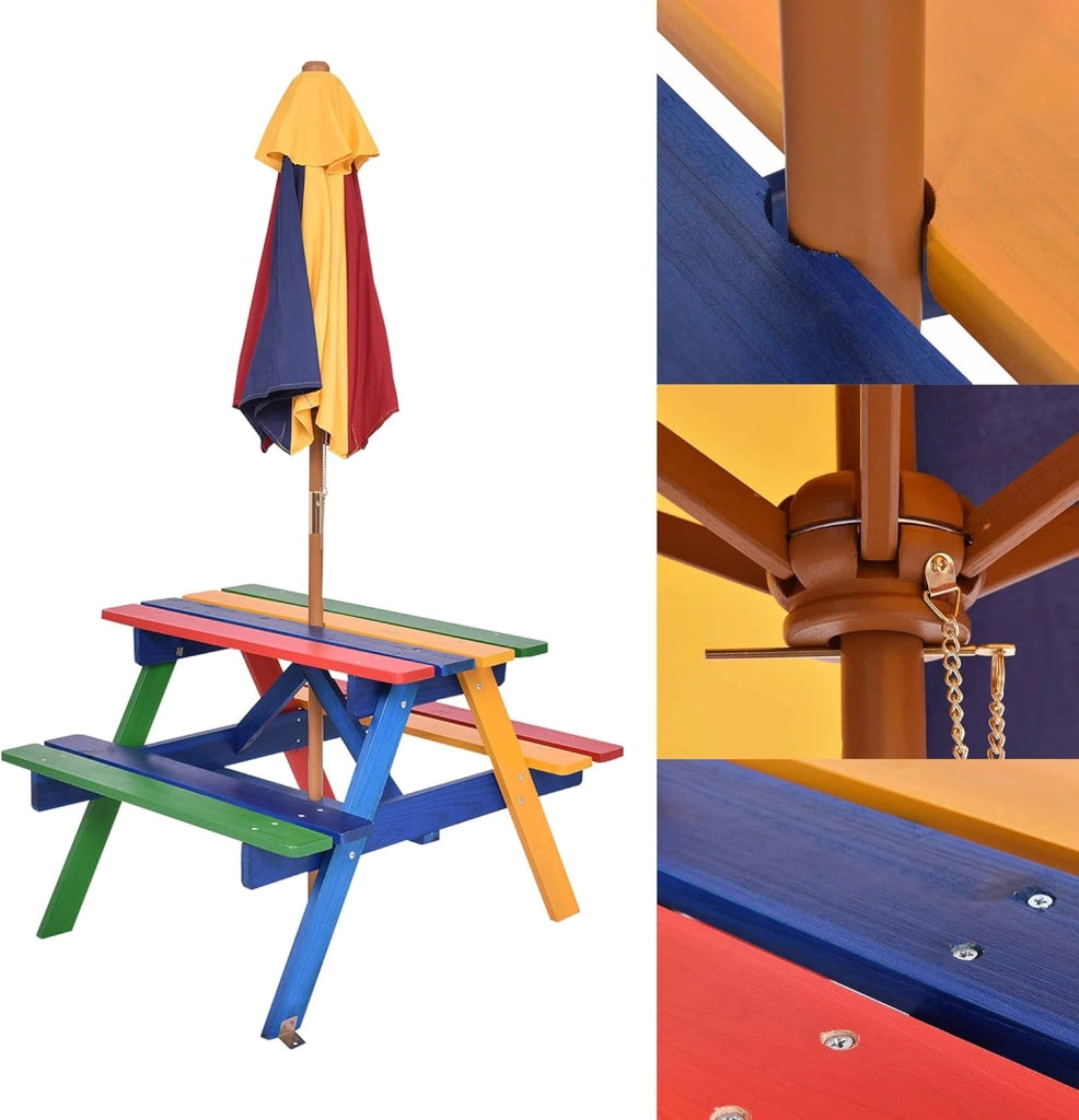 Set di Tavolo Picnic per Bambini in Legno Massiccio con Ombrellone, Set da Giardino per Bambini 1 Tavolo e 2 Panche Colorato per Giardino, Balcone, Campeggio