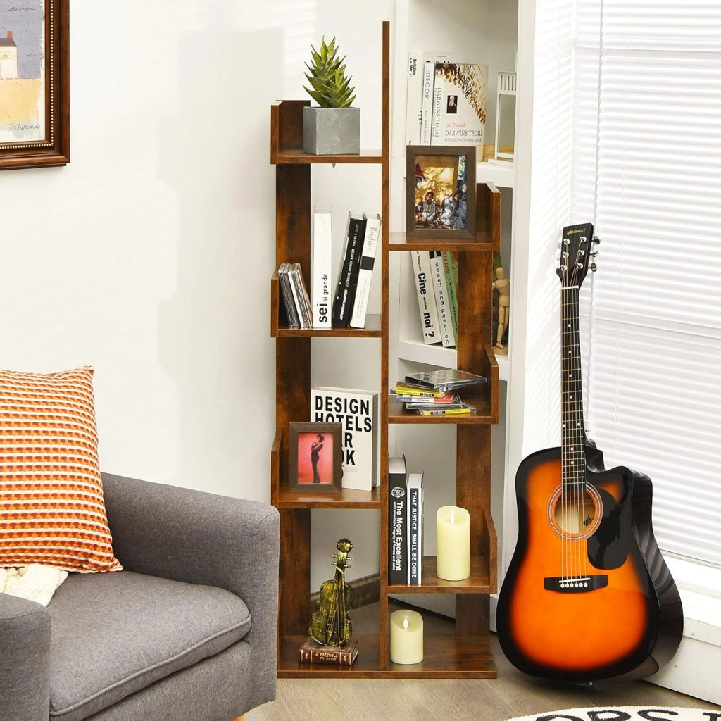 Libreria Multiuso da Terra, Libreria ad Albero con 8 Ripiani, Scaffale in Legno per Libri, Ideale per Soggiorno, Ufficio, 50 x 25 x 145 cm (marrone)