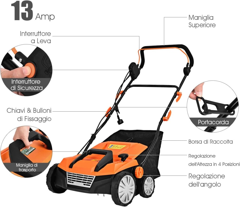 Scarificatore 2 In-1 per Prato, Arieggiatore Elettrico con Sacco Raccoglitore da 45L, Larghezza 38cm, con 3 Posizioni Regolabili, Scarificatore 1800W per Giardino Cortile (38 cm, Arancione)