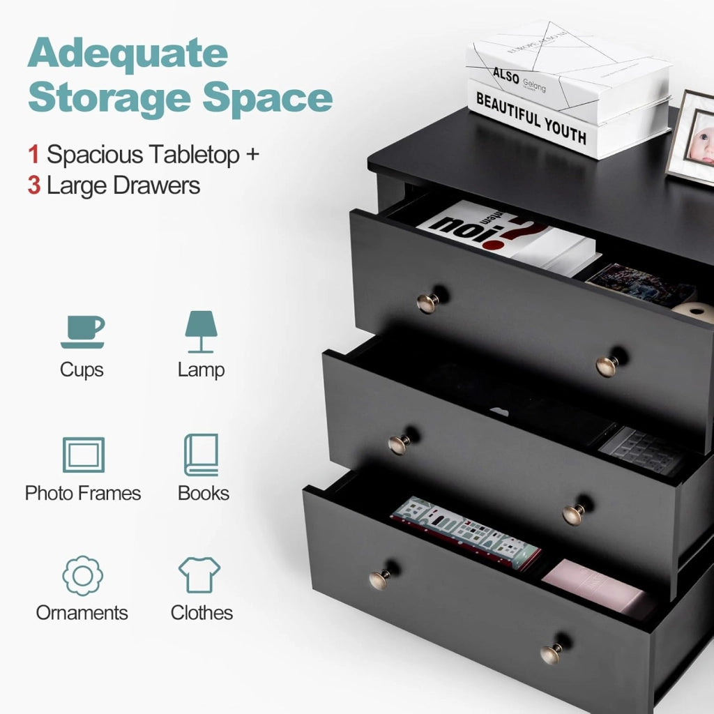 Cassettiera Vintage con 3 Cassetti per Casa, Cassettiera da Soggiorno Elegante con 6 Maniglie Rotonde in Metallo, Comodino in Legno, Comò per Camera da Letto (Nero)