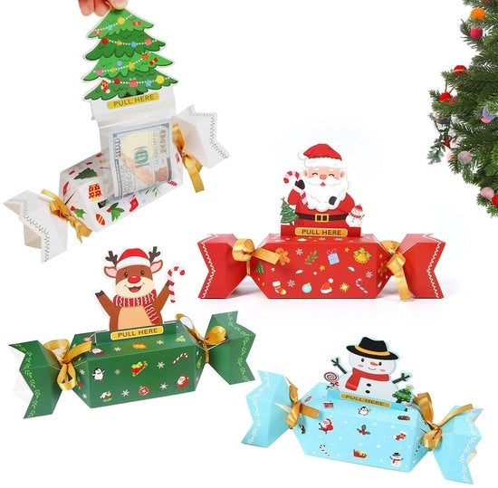 Cassetta di sorpresa con coperchio - 4 pezzi - Regali di denaro - Idee regalo per genitori/amici - Tema natale - Incluso 40 sacchetti/lacci/cartoline/etichette - Cassetta di regali