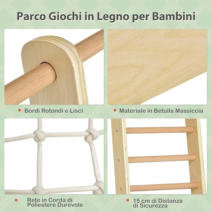 Set Arrampicata 8 in 1 per Bambini, Rocce da Arrampicata e Scala, con Scivolo Rete da Arrampicata, Barra Orizzontale, Centro attività di Legno per Bambini 3 Anni + (Stile 1 Naturale)