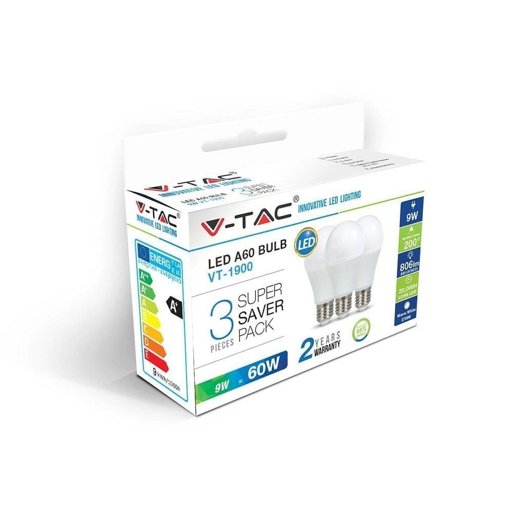 Lampadina LED V-TAC A60 8,5W E27 4000K 806lm neutra 3pz