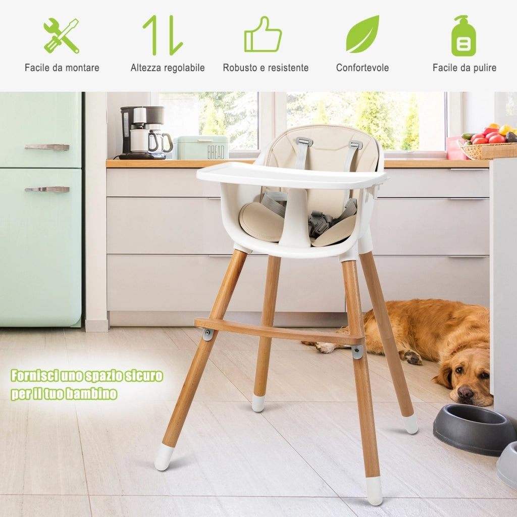 Seggiolone per bambini-Seggiolone convertibile 2 in 1 in legno regolabile con cintura di sicurezza a 5 punti per neonati 57x57x83cm