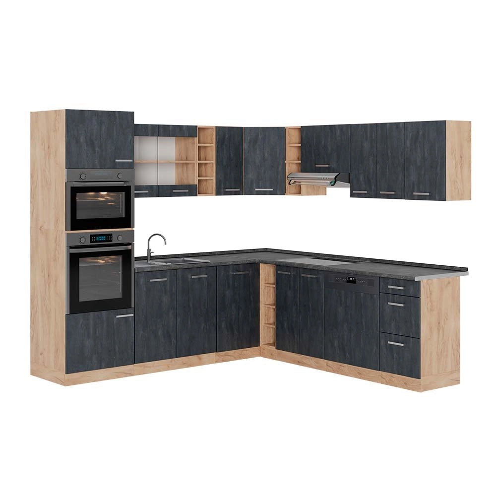 Cucina angolare completa R-Line Calce nera/Rovere dorato 247 x 237 cm PL Antracite Vicco