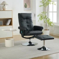 Poltrona relax, reclinabile e massaggiante a 5 punti, con funzione di riscaldamento elettrico e poggiapiedi, girevole a 360°, in tessuto PU, 75x76x103 cm, Nero